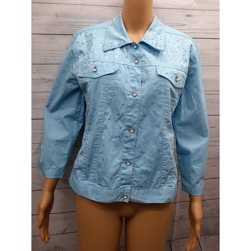 Tuscany Jacket Blazer Embellished Beaded Blue Button Front Pockets Size Large